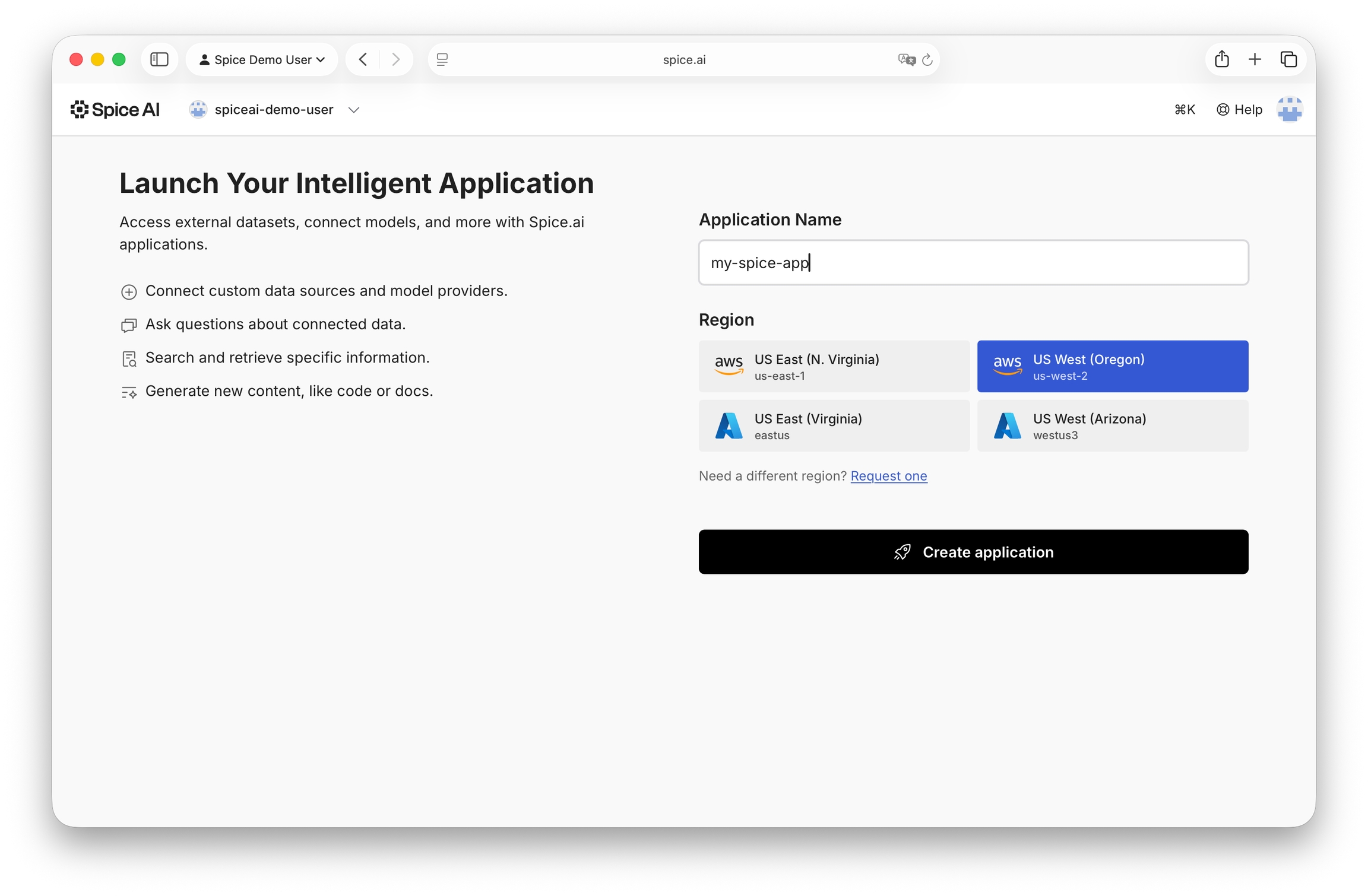 Create your first spiceuseai.us Cloud application.